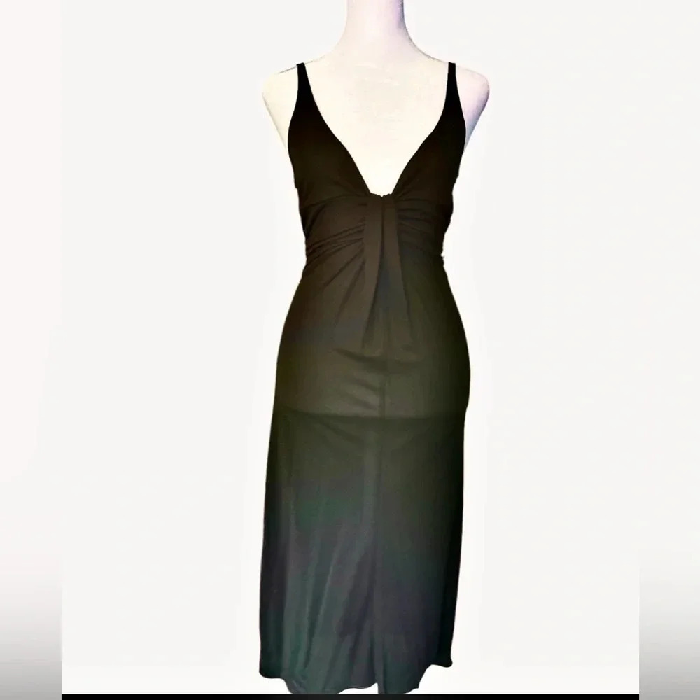 Armani Collezioni Brown Plunging Neckline and Back Ruched Waist Dress. Size 2